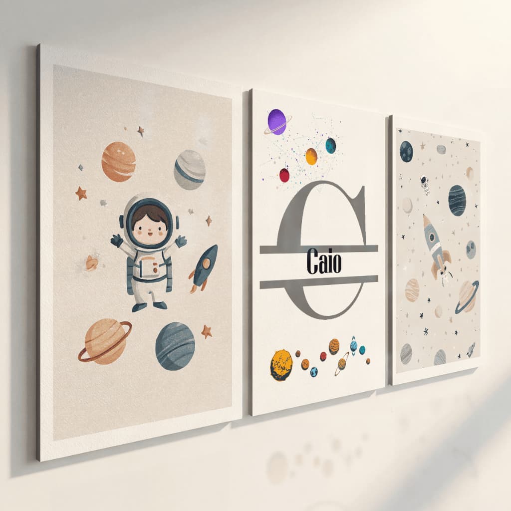 Quadros Decorativos Kit 3 Peças Espaço Infantil Astronauta Planetas Com Nome Quarto Menino