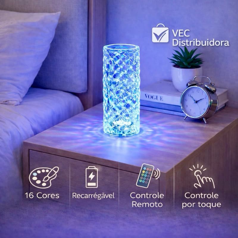 Luminária De Mesa Cristal LED Recarregável 16 Cores De Luz Controle Remoto + Toque Abajur Decoração