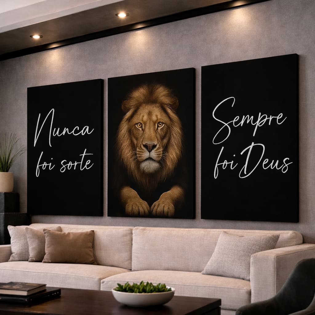 Quadros Decorativos 3 Peças Leão Judá Rústico Nunca Foi Sorte Sempre Foi Deus Salmo Sala Quarto Hall