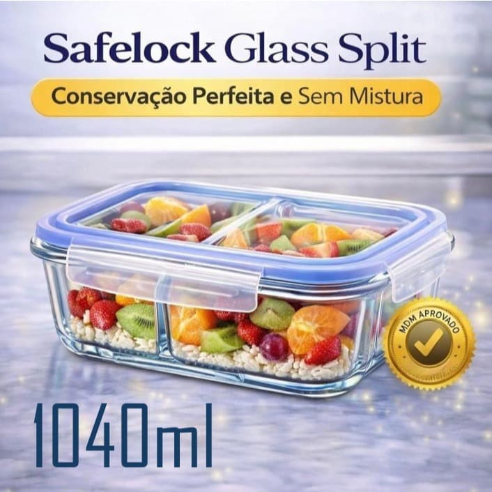Pote Hermético Vidro Borossilicato 1040ml SafeLock Glass Split™ Anti Vazamento Marmita Divisória