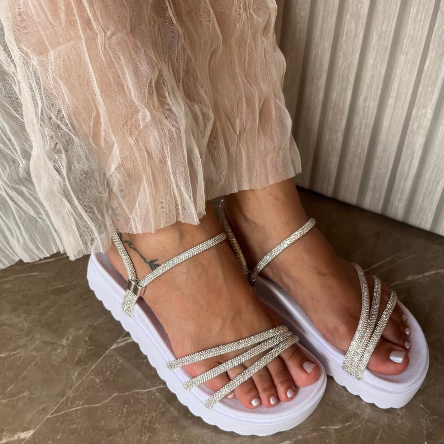 Sandália Feminina Papete Birken Tamanco Luxo Strass Pedraria Brilhante 3 Tiras 2 em 1 Ajustável