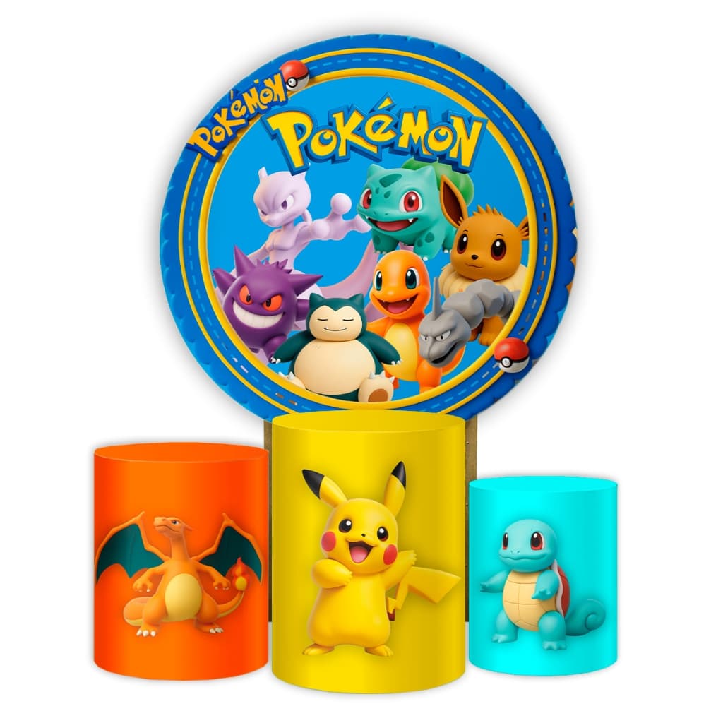 Capa Decoração Infantil Painel e Cilindros Estampa Tema Anime Pokémon Pikachu Festa Veste Fácil