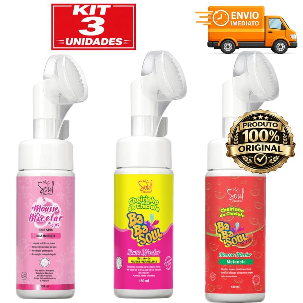 kit 3 mousse micelar , limpeza facial completa, hidratação, remove maquiage, envio imediato