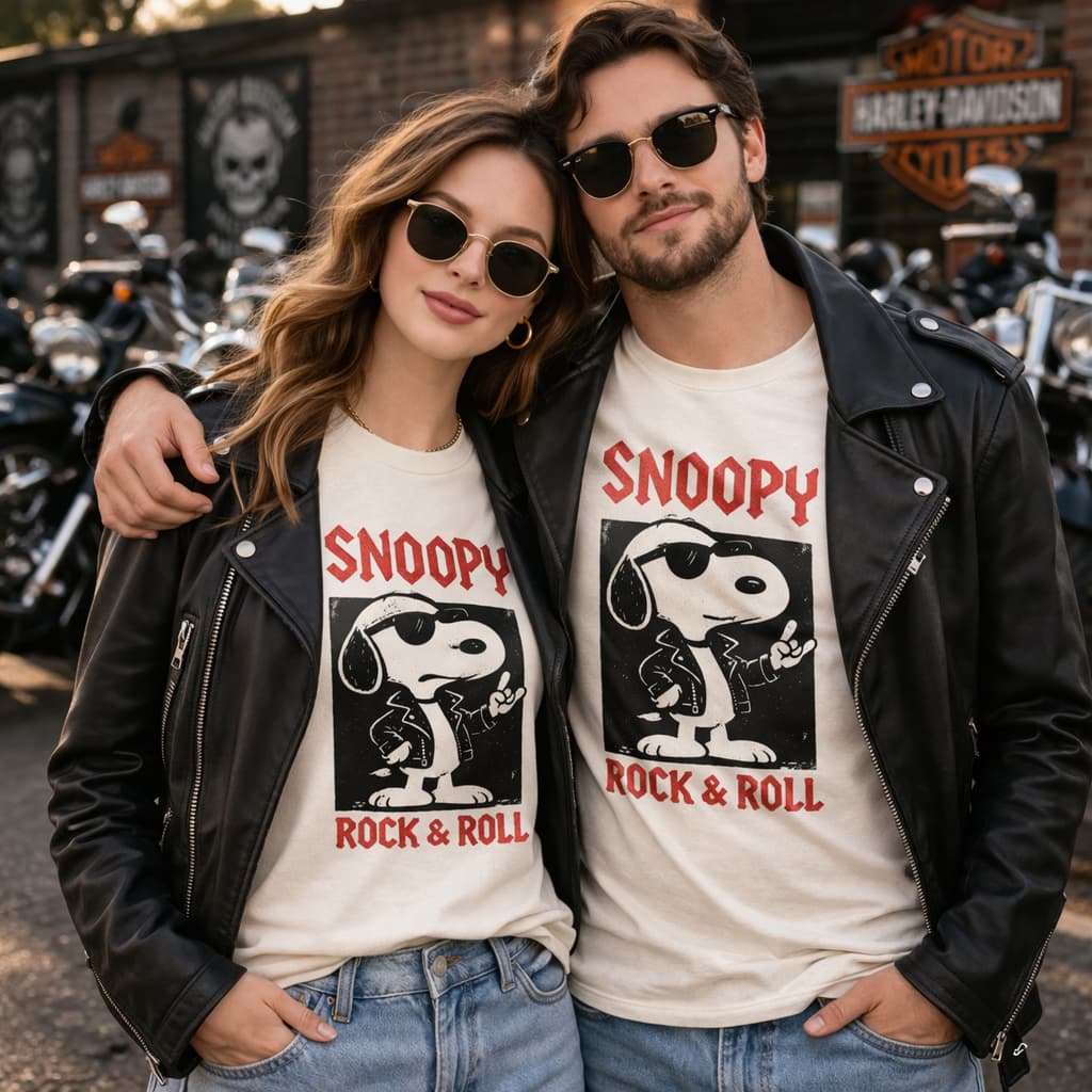 Camiseta Snoopy Rock Roll Vintage Unissex Estilo Harley Motoqueiro Streetwear Premium