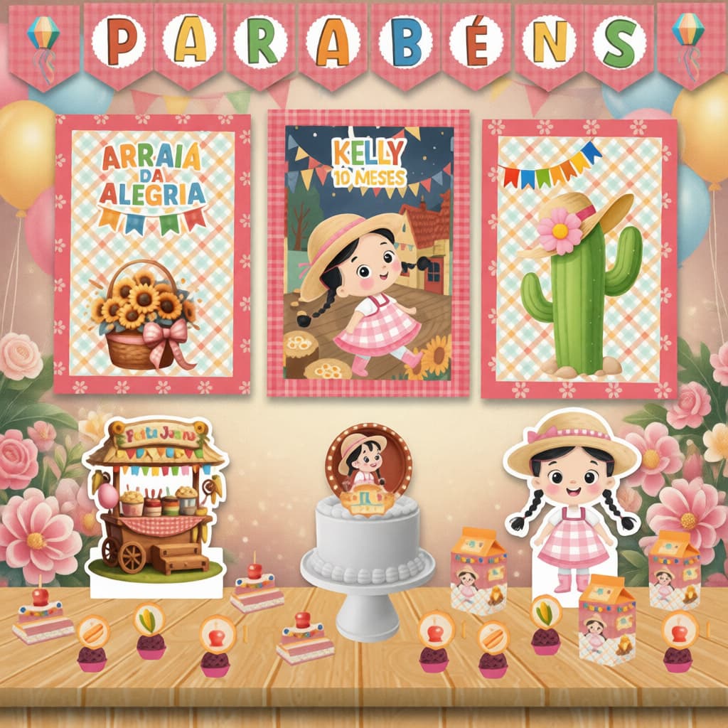 Kit Festa Junina -  Arraiá - Menina Decoração - Topo de Bolo - mesversário