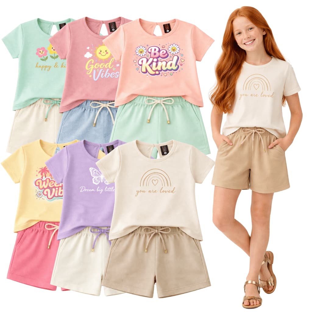 Kit 6 Peças 3 Conjuntos Juvenil Menina Camiseta Shorts Roupa Verão l Tamanho 10 ao 16