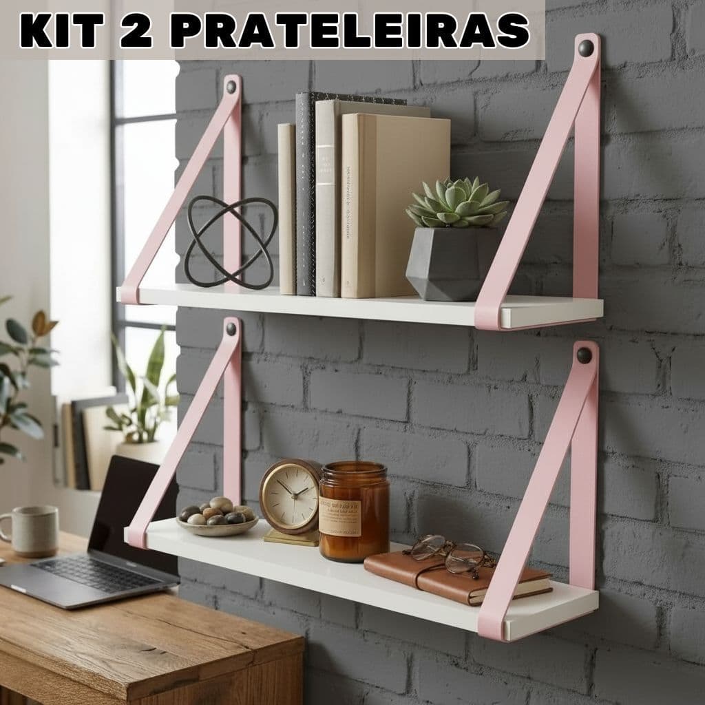 Kit 2 Prateleiras Brancas com Alça de Couro Rosa Nicho Decorativo Parede Quarto Infantil Decoração
