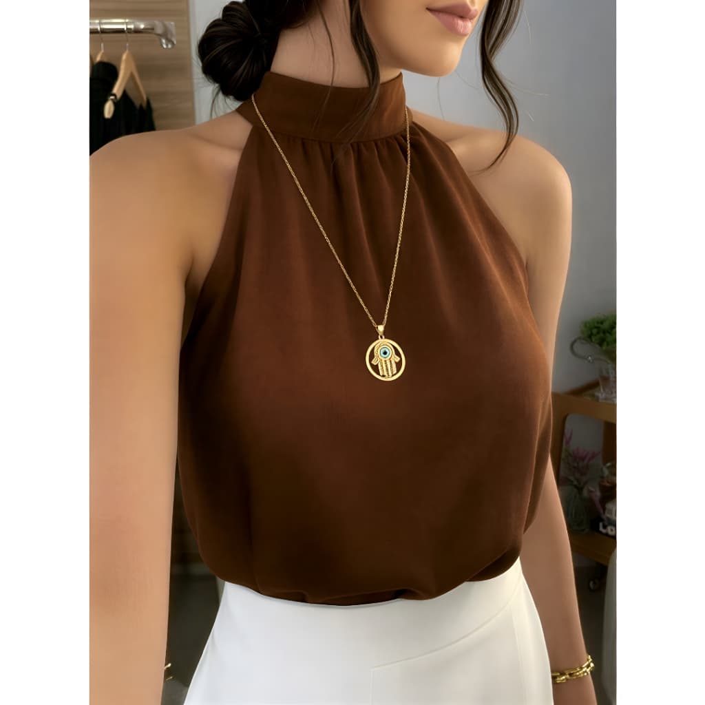 Blusa Regata Feminina Duna Franzida Gola Alta Plissada Elegante Coleção Verão