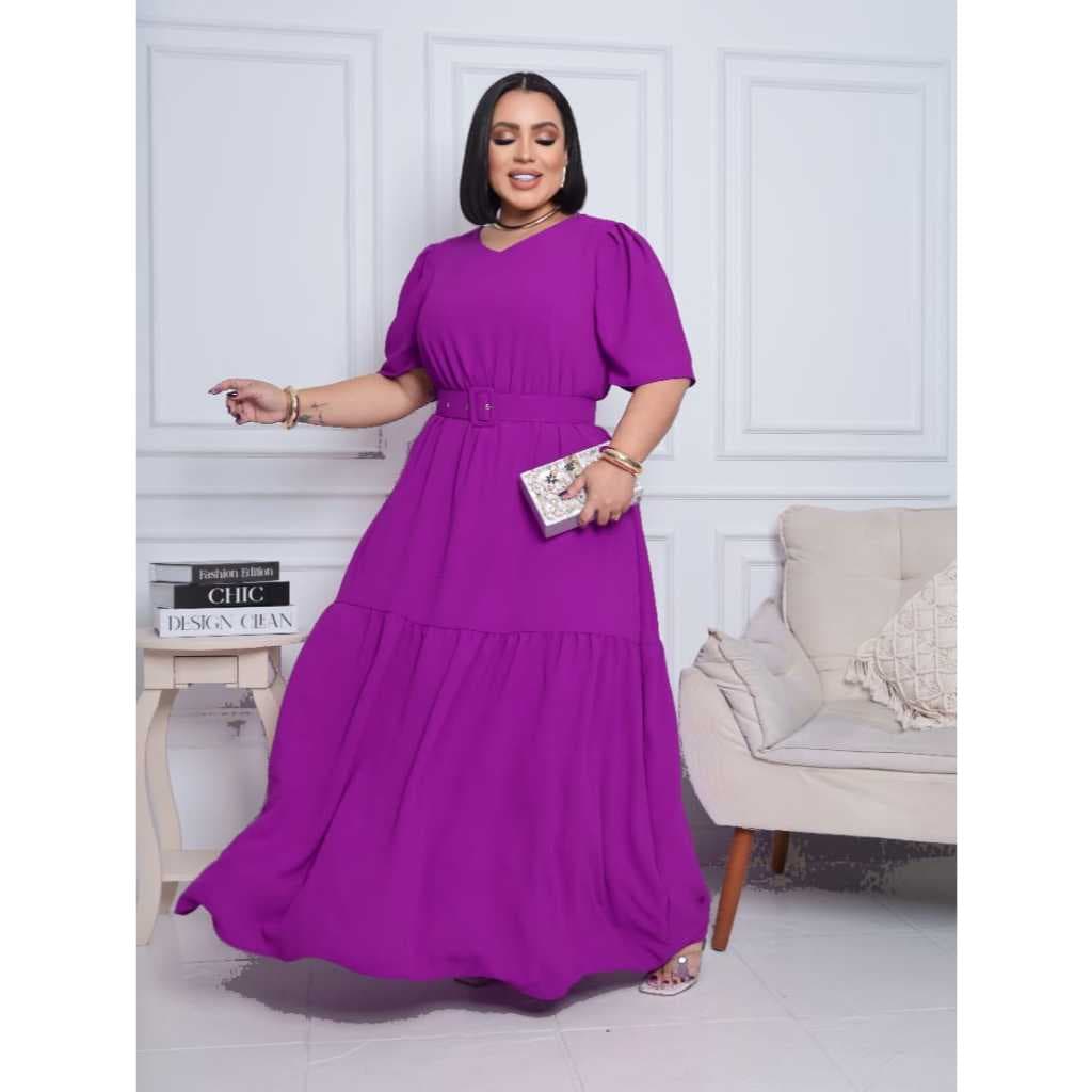 Vestido Longo Plus Size Forrado Com Cinto Elegante Evangélico