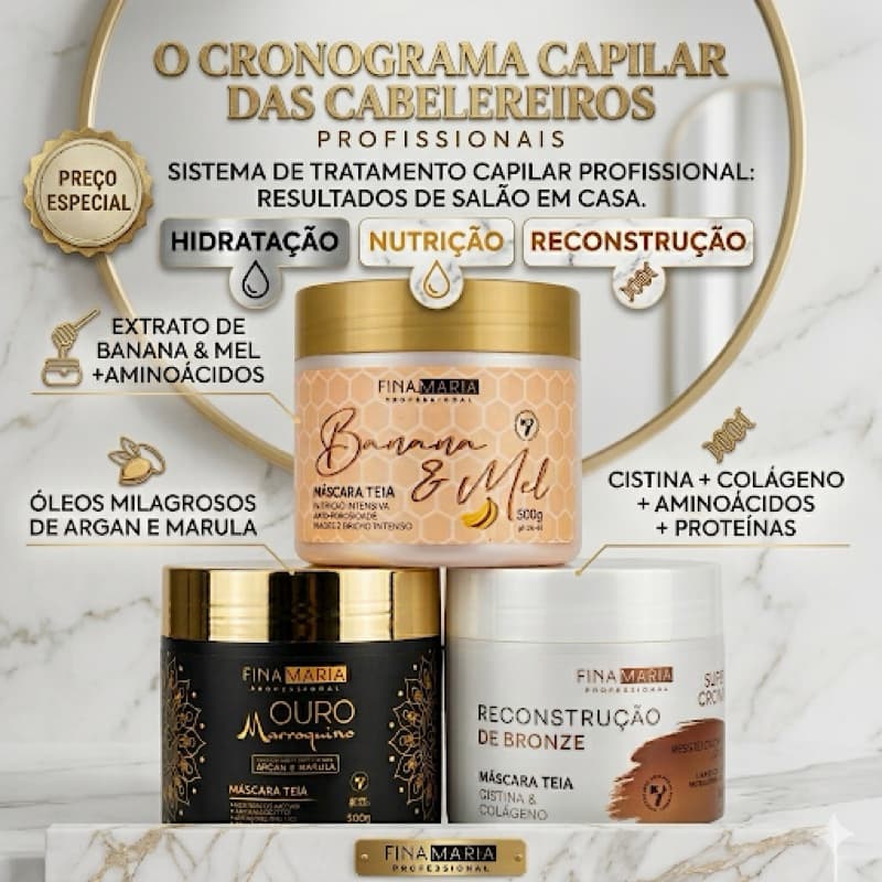 KIT CRONOGRAMA CAPILAR DAS CABELEREIRAS C/ 3 TRATAMENTOS PROFISSIONAIS 1.5KG | FINA MARIA PROFESSIONAL