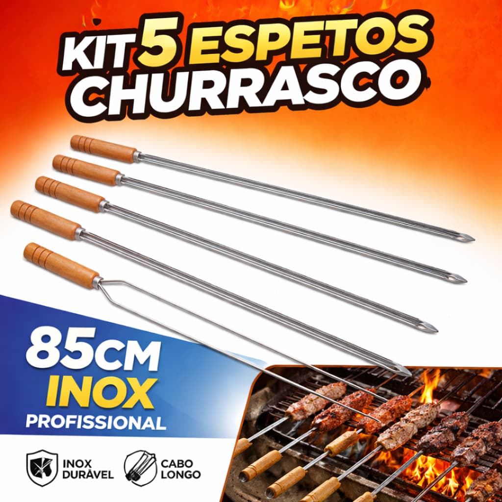Kit 5 Espetos para Churrasco 85cm Aço Inox Kort