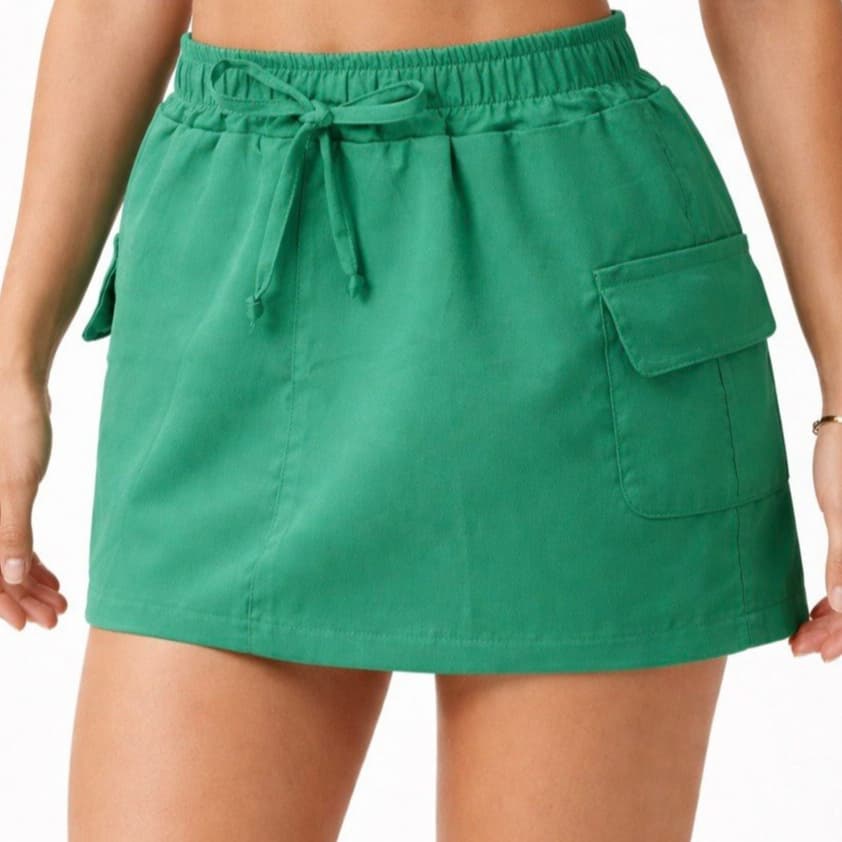 Saia Cargo Curta Feminina Alfaitaria com Bolsos Tecido Leve  Moda Casual Moderna