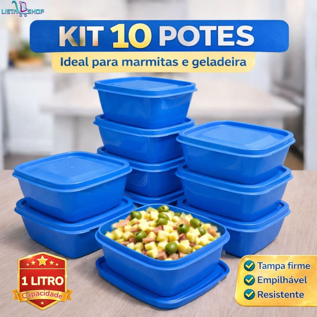 Kit 10 Potes Quadrados Plástico 1 Litro para Cozinha Marmita Fitness Geladeira Empilhável