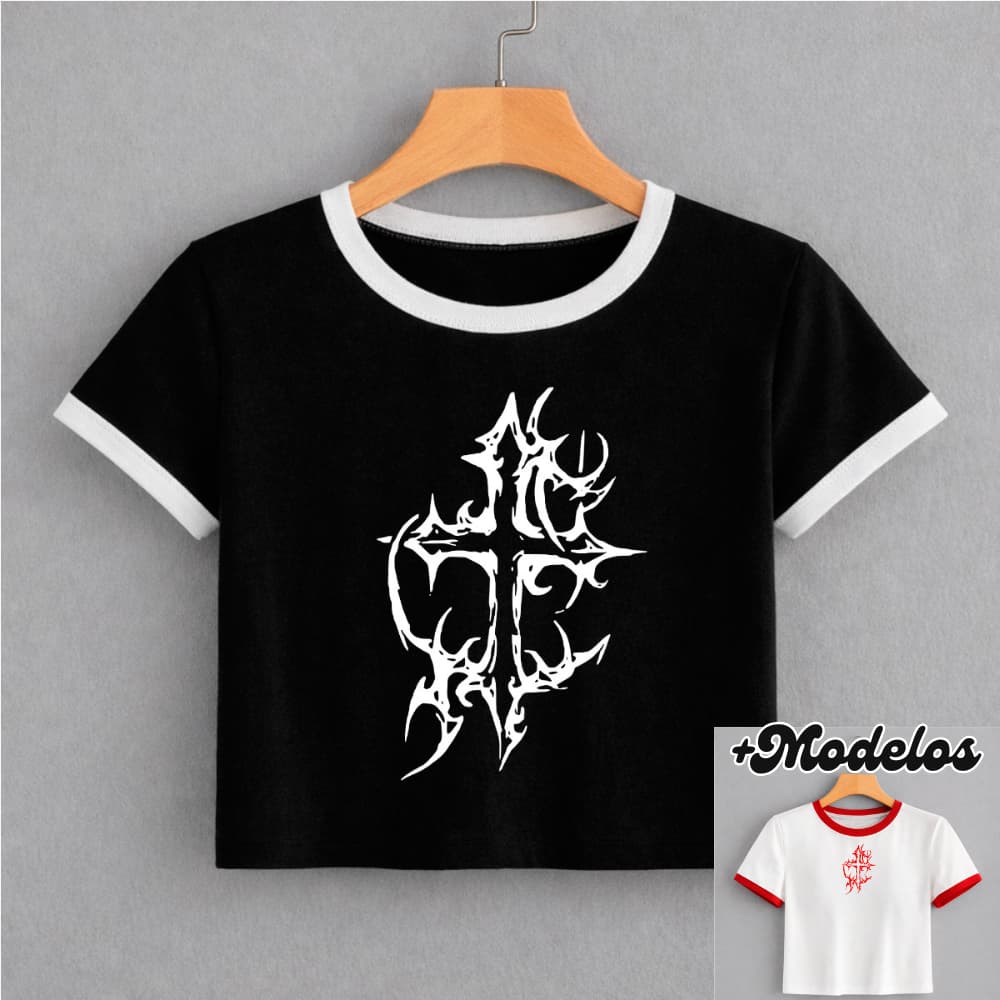 BABY TEE Feminina, Modelo CRUZ TRIBAL, Cropped Camiseta - Estilo Alternativa Y2K Gótico Streetwear Tumblr