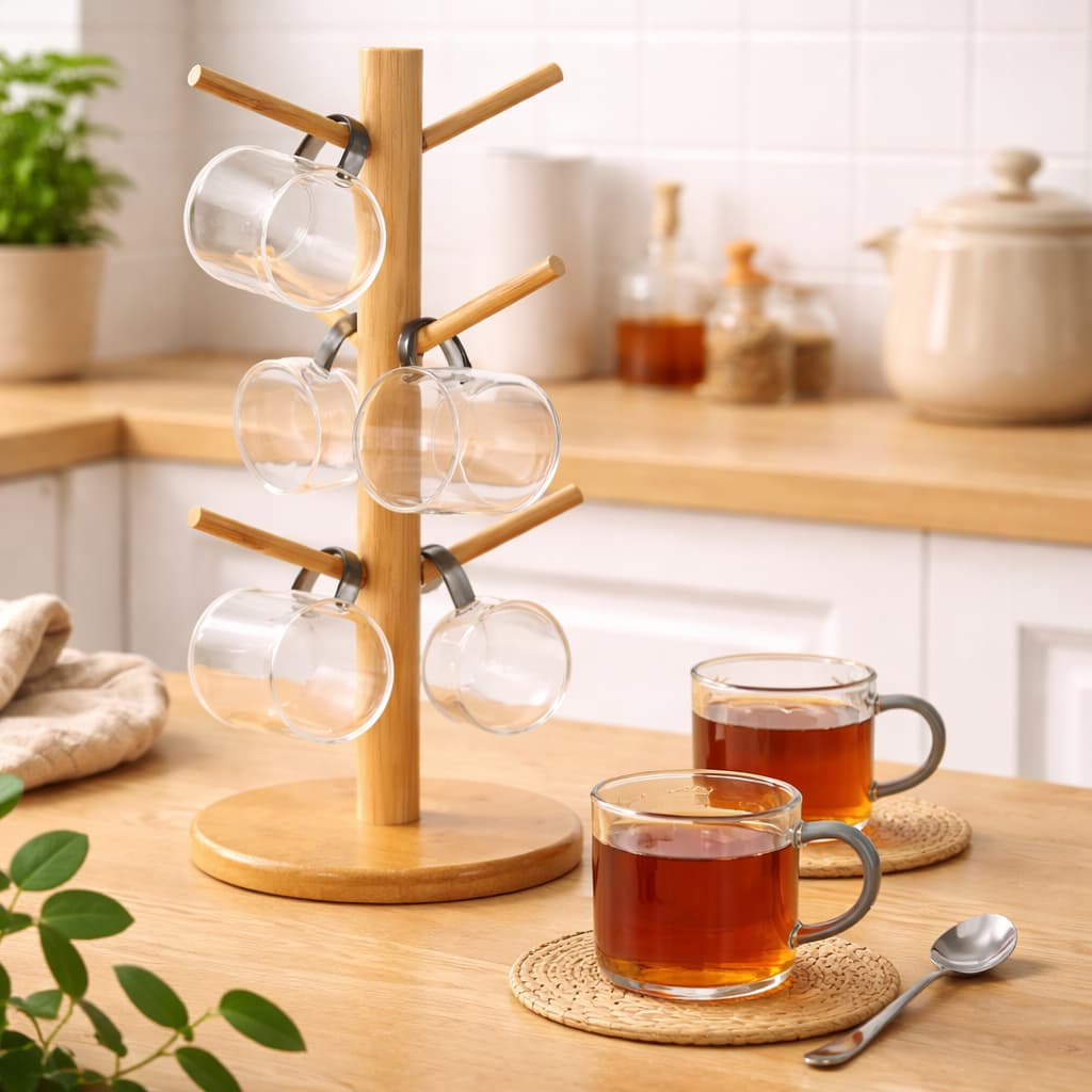 Porta Xícaras e Canecas de Bambu 6 Ganchos Organizador Suporte Café Cozinha Premium
