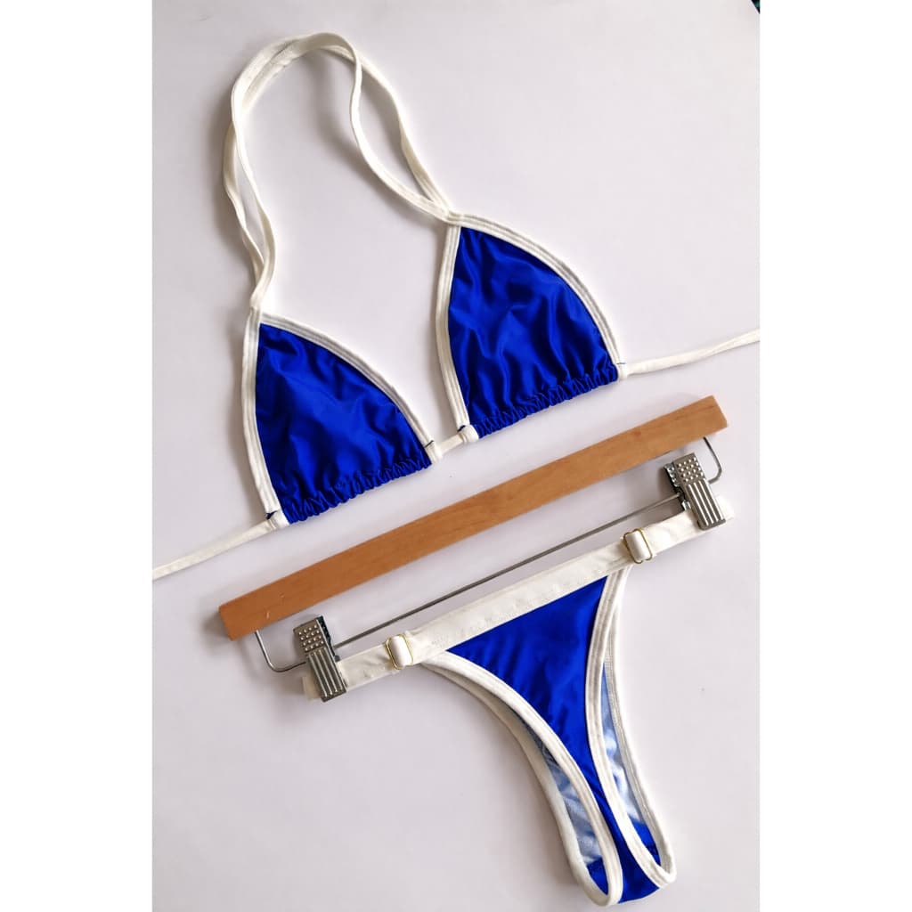 Biquíni Cortininha Azul Royal e Off White  Calcinha Fio Regulável Moda Praia Feminino