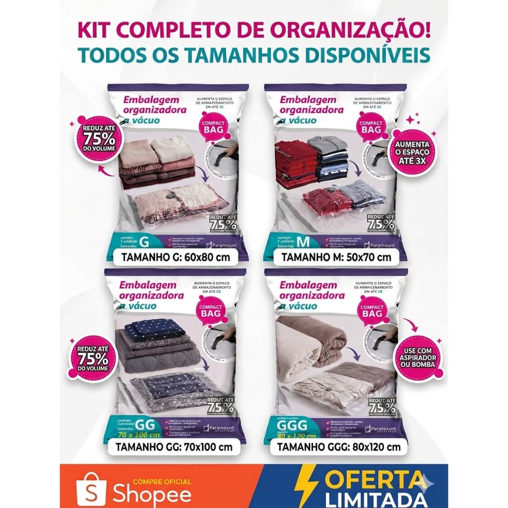 Saco a Vácuo Organizador Compact Bag Paramount 60x80 Roupa Edredom Antimofo Economia Espaço