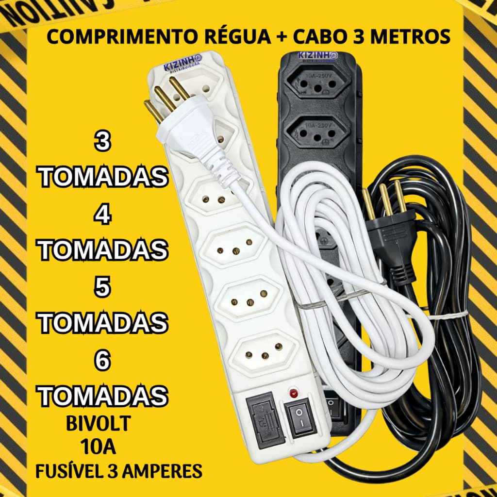 Filtro de Linha 3, 4, 5 e 6 Tomadas Bivolt Fusível de Proteção 3 Amperes Interrupitor Liga/Desliga