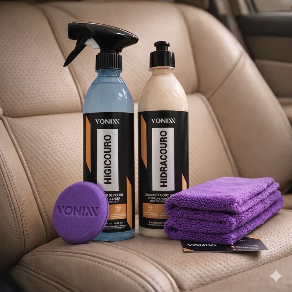 Kit Limpar Hidratar Couro Vonixx Higicouro + Hidracouro + Toalha Microfibra + Aplicador