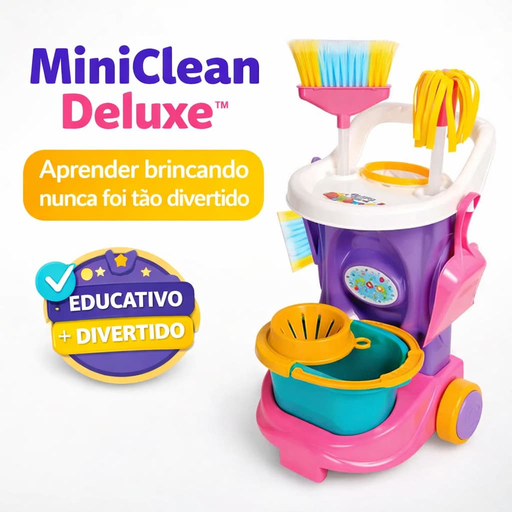 Carrinho de Limpeza Infantil MiniClean Deluxe Educativo Completo com Acessórios Brinquedo Interativo Criança