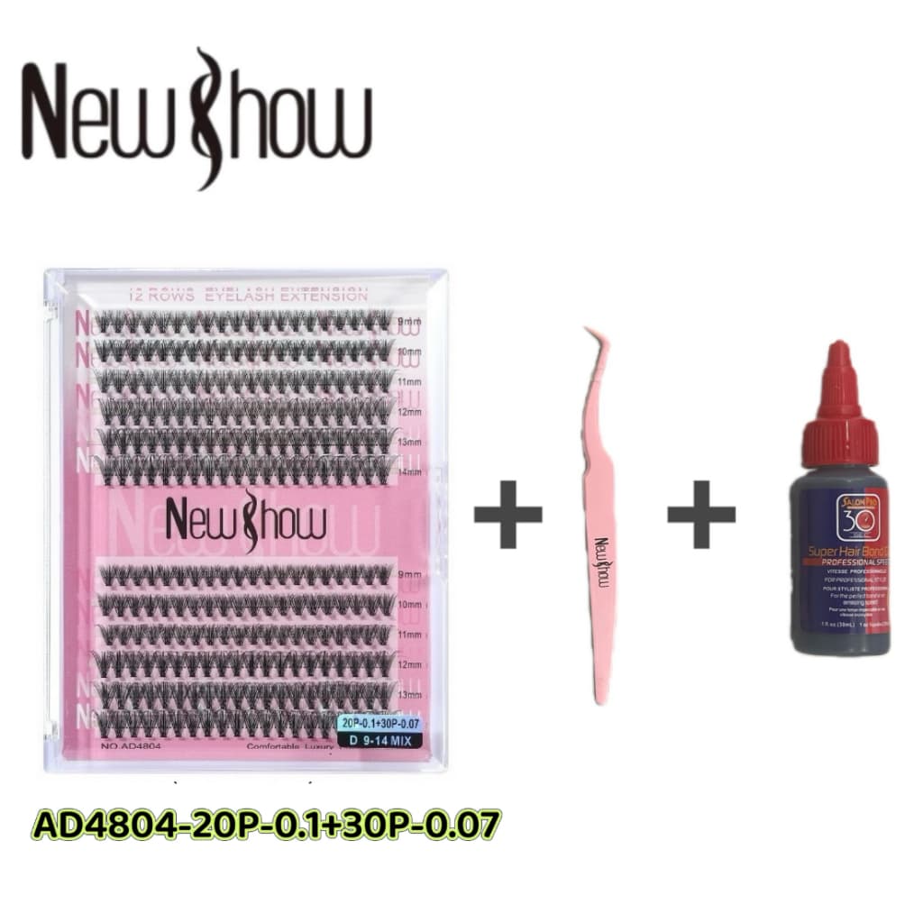 New Show Kit Cílios Postiços 20P+30P com Pinça -Tufos sem Nó Extensão de Cilios Alongamento/PACOTE