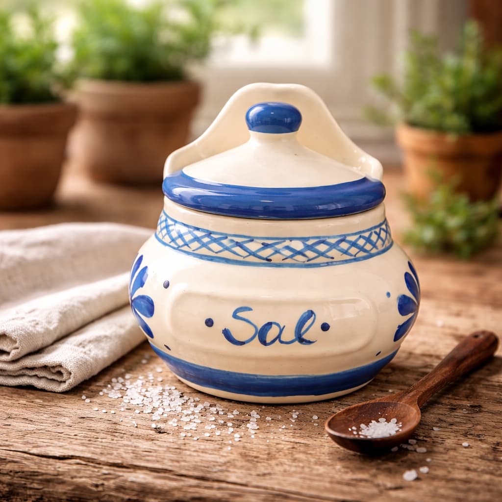 Saleiro de Cerâmica 1kg com Tampa Design Rústico Azul Porta Sal Cozinha
