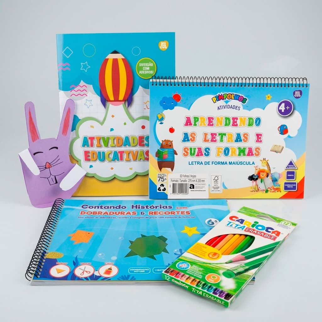 Kit Educativo com Atividades, Dobraduras, Letras e Lápis de cor 12 cores