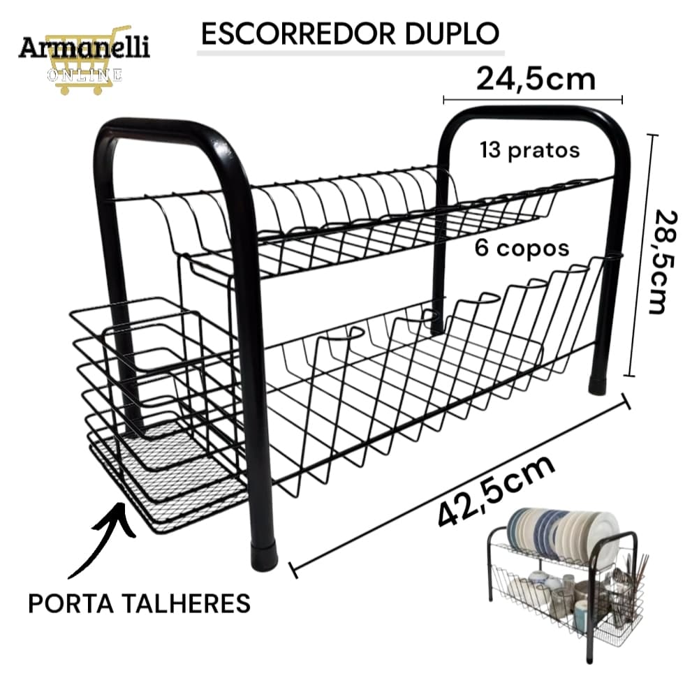 Escorredor de Pratos Louças Talheres Duplo Gourmet Preto ou Cromado em Aço Reforçado