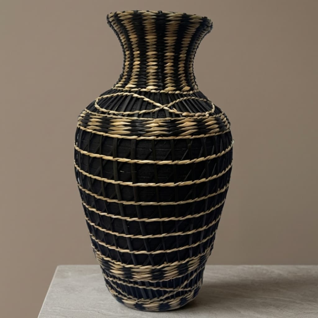 Vaso De Bambu Com Palha Trançado Cor Preto E Natural G