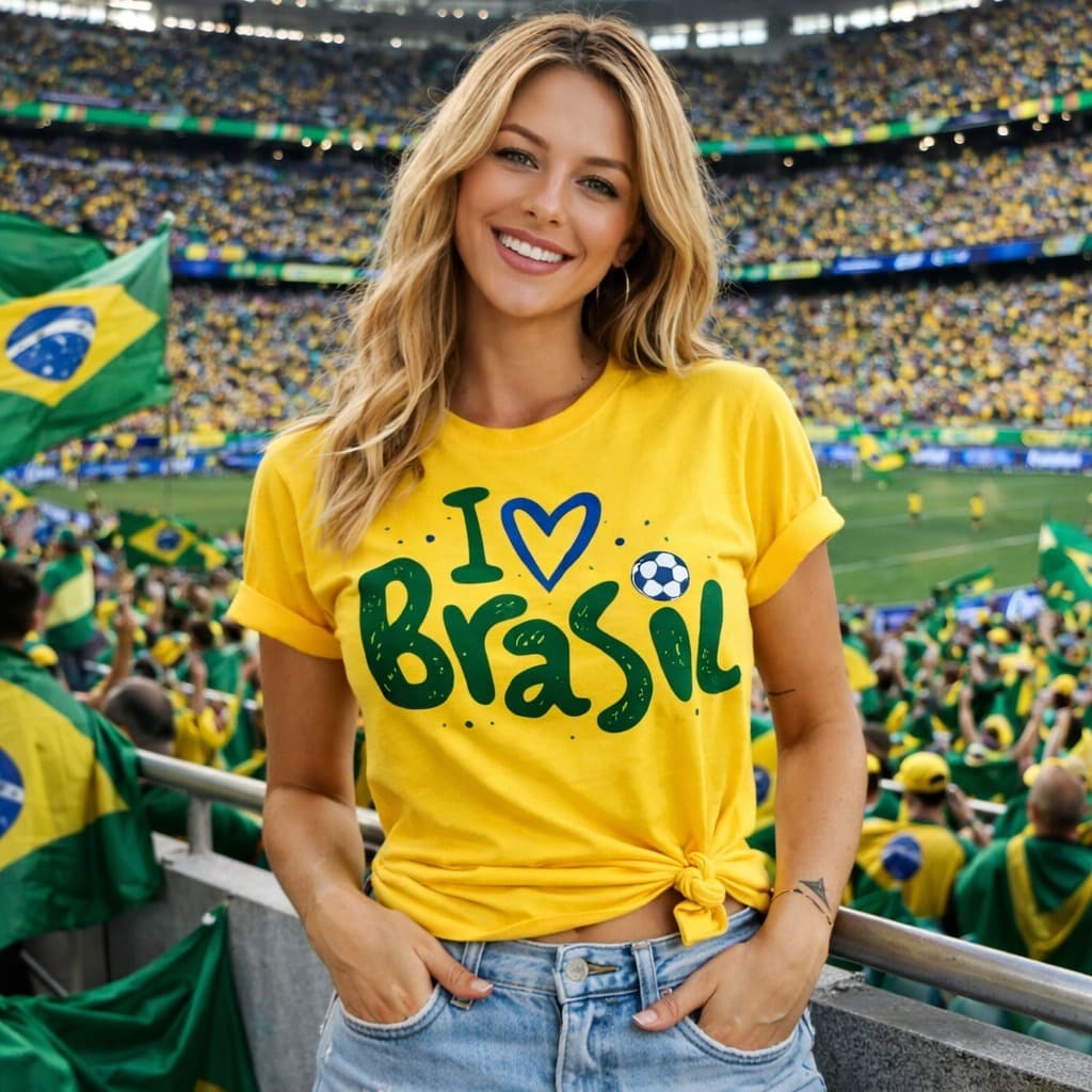 Camiseta Feminina I Love Brasil 100% Algodão Premium Estampada Torcida Copa Verde Amarela T - Shirt Moda