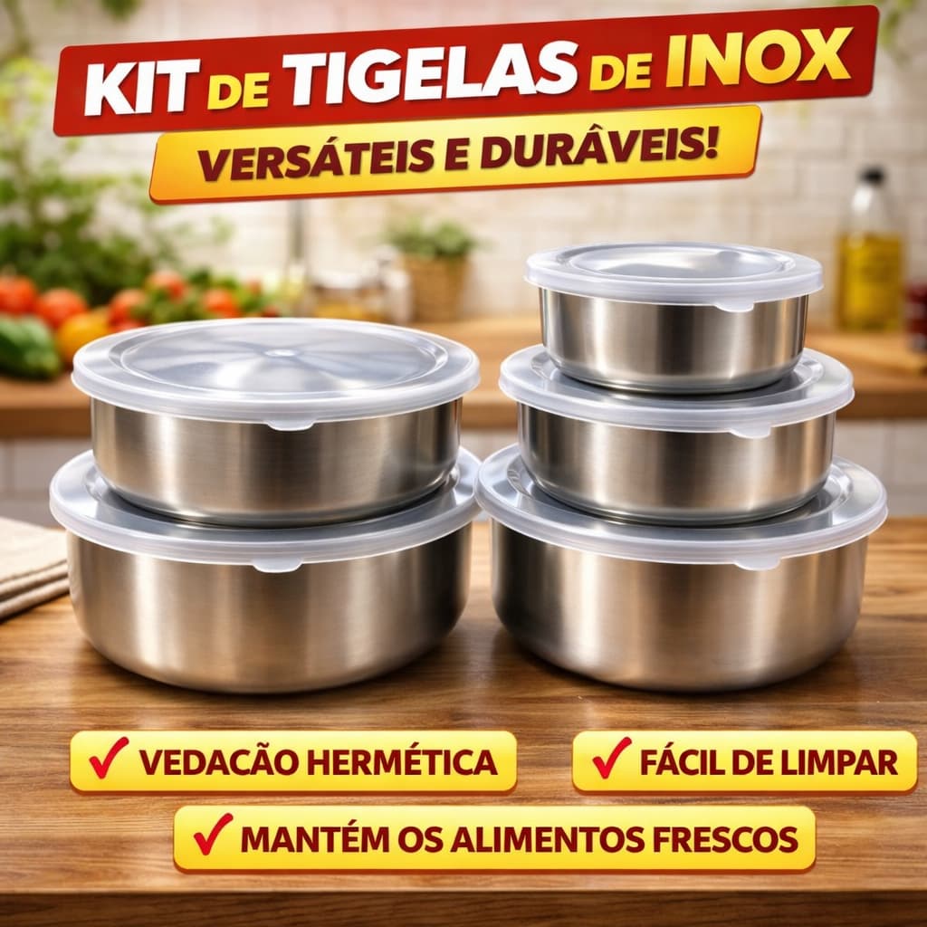 Conjunto 5 Potes em Inox com Tampa Vedação Hermética Jogo Tigela Redonda para Guardar Alimentos