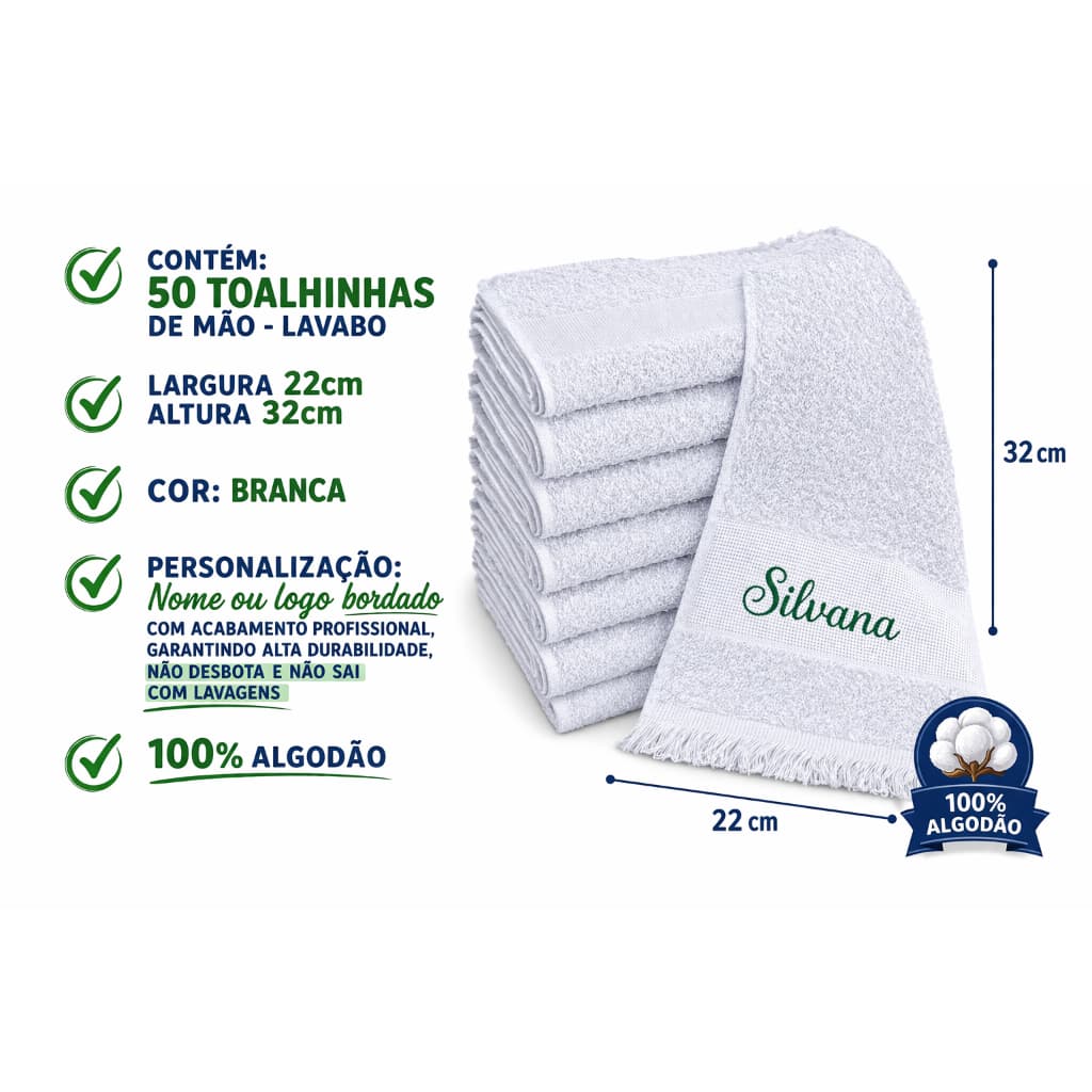 Kit 50 Toalhinhas de Mão | Boca Bordadas Personalizadas - Logo ou Nome