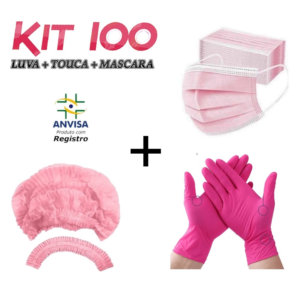 Kit Rosa 100 Touca TNT+ 100 Luva Nitrilica+ 50 Máscara Descartável Tripla Camada Com Clipe Nasal
