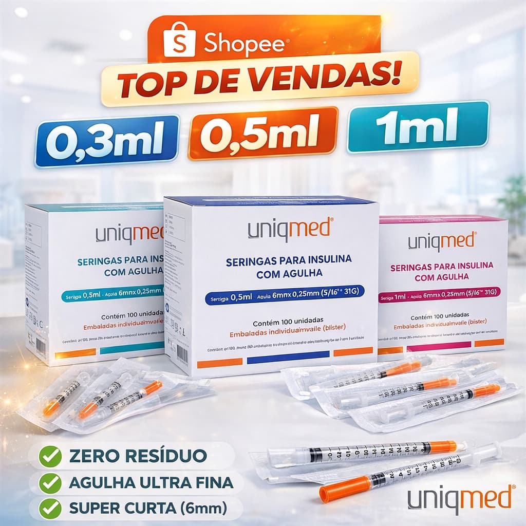 Seringa de Insulina 0,3ml (30ui), 0,5ml (50ui) ou 1ml (100ui) agulha 6mmx0,25mm - 31G . - Uniqmed