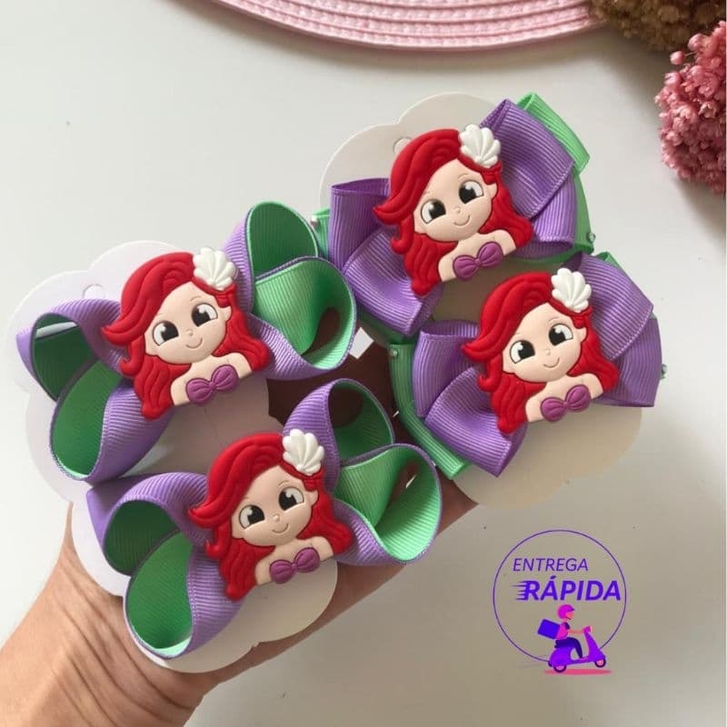 Par de Laços Cabelo Infantil Ariel Pequena Sereia Na Presilha