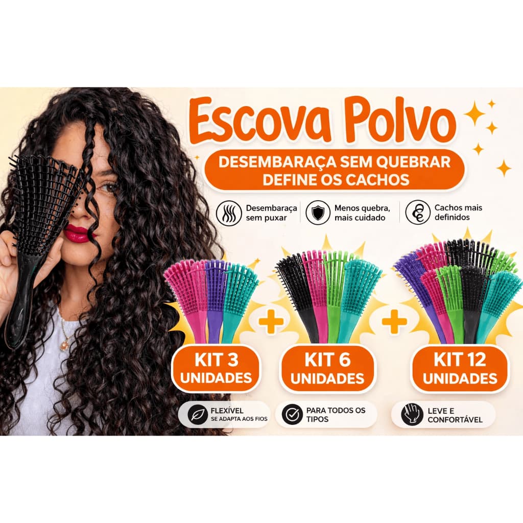 KIT Escova Polvo Desembaraçante Profissional – Todos os Tipos de Cabelo, Cachos, Crespos e Ondulados