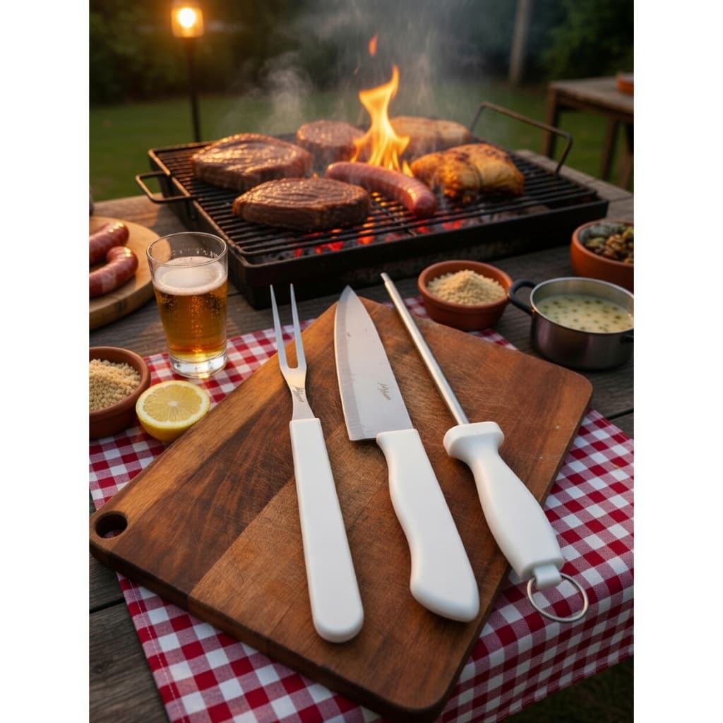 kit churrasco Profissional 3 peças inox - faca + Garfo + Chaira Qualidade