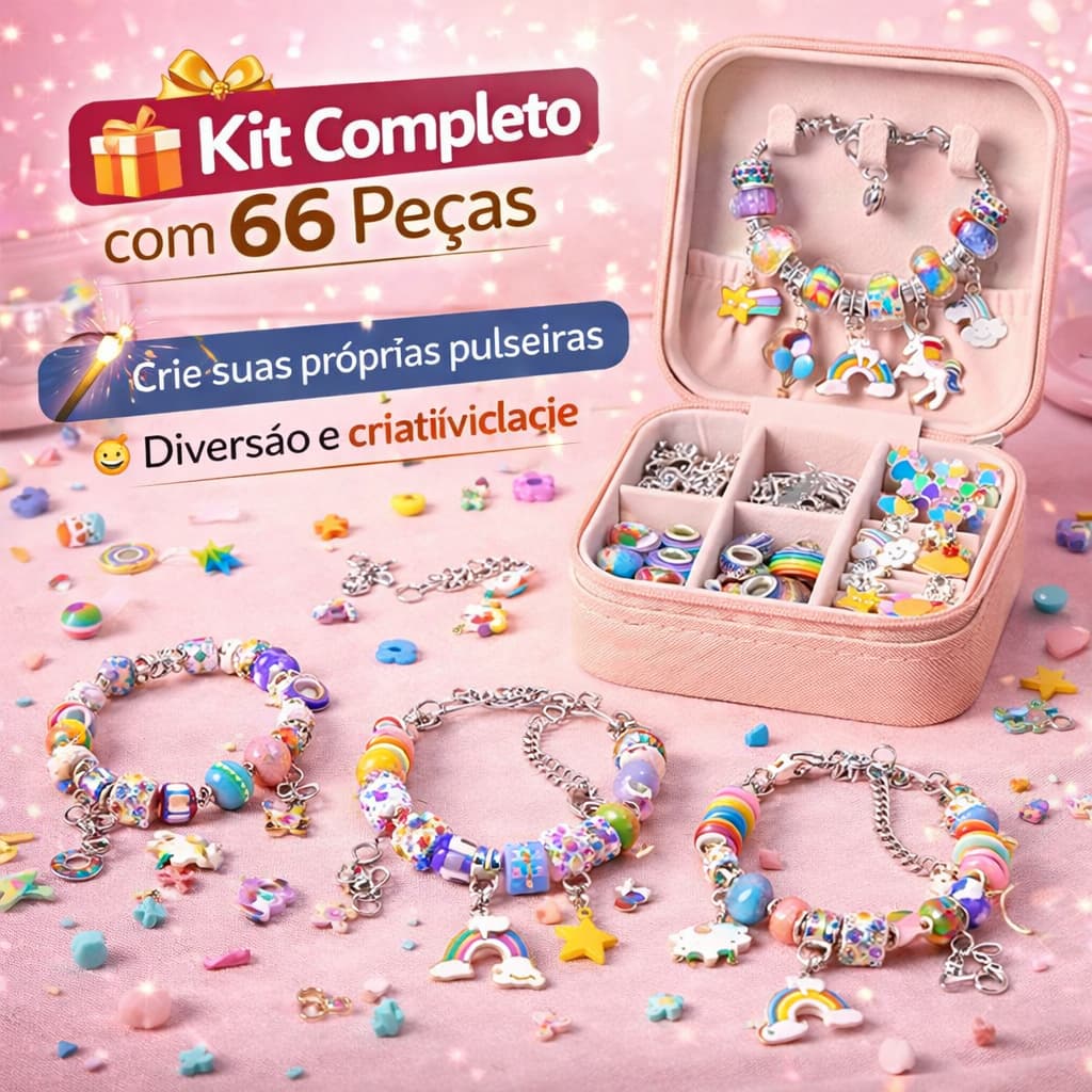 Kit Bijuteria Infantil 66 Peças Miçangas Berloques Pulseiras DIY Presente Menina