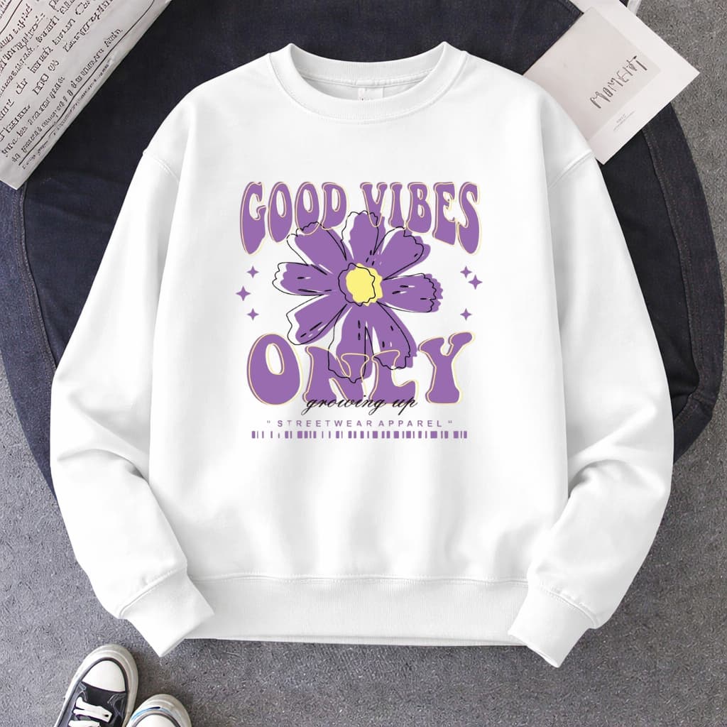 Moletom sem Capuz Feminino Flanelado Estampa Good Vibes Only Inverno 100% Algodão Premium Gola Redonda Casaco Streetwear