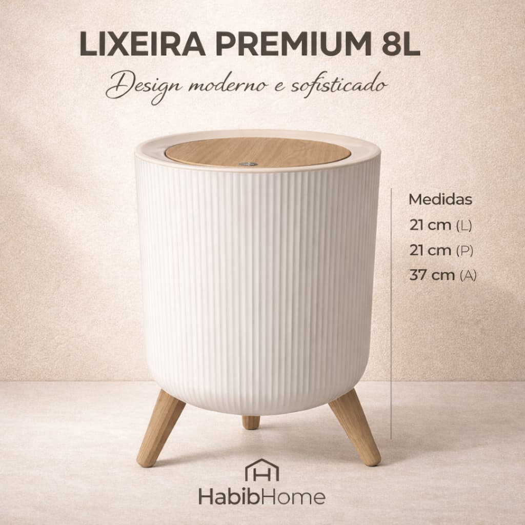 Lixeira 8L Canelada com Tampa Click para Banheiro, Lavabo e Quarto Design Sofisticado