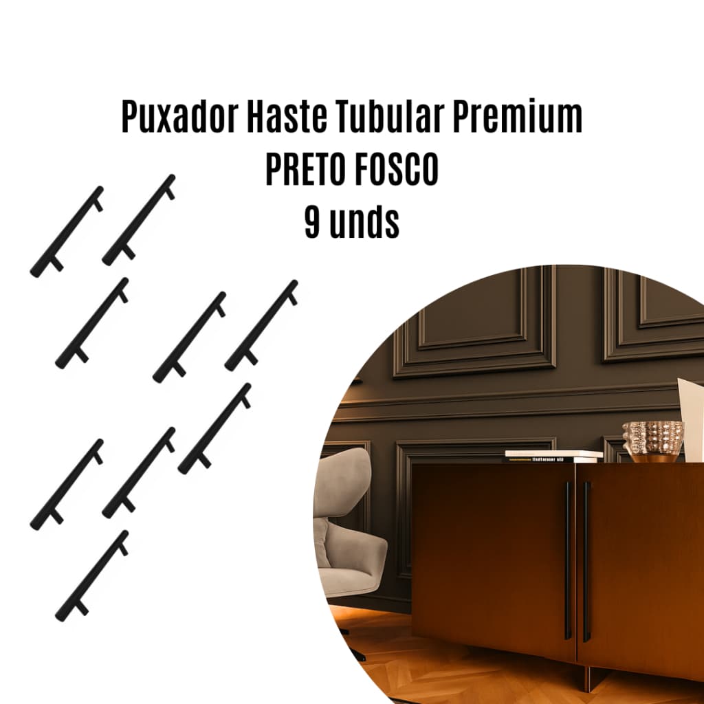 9 unidades Puxador Haste Tubular PRETO FOSCO Premium - italy line IL814 - Vários TAMANHOS