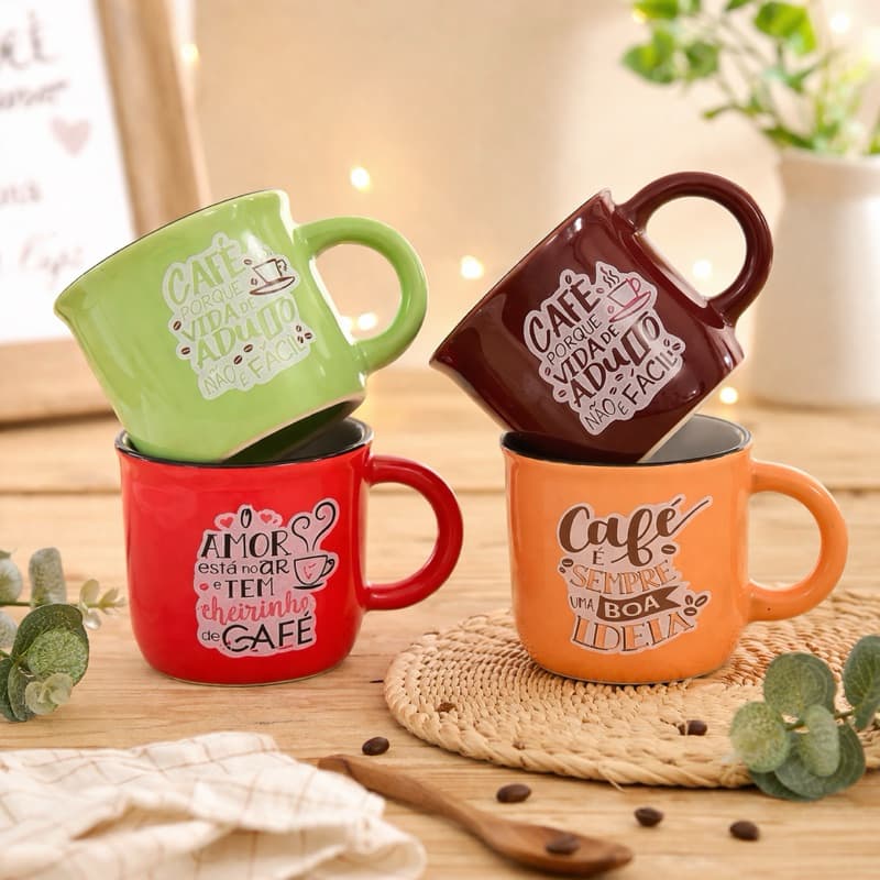 Kit 4 Canecas de Porcelana Café 60ml Decoradas – Xícaras Coloridas com Frases Criativas
