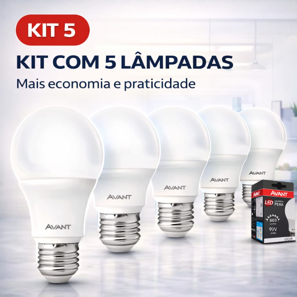 Kit 5 Lâmpada Led Bulbo 9W Avant E27 6500K Branco Frio Bivolt Alta Luminosidade Economica