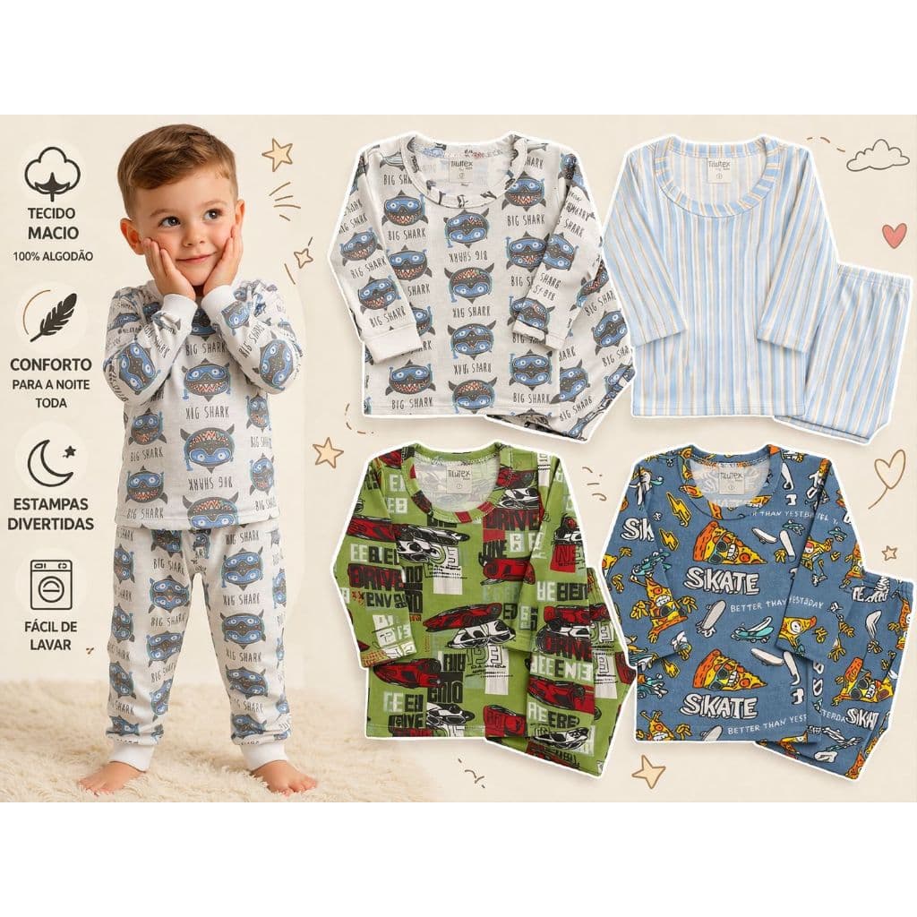 Kit 2, 4 ou 6 Peças Pijama Infantil em Malha Premium Inverno Menino ou Menina