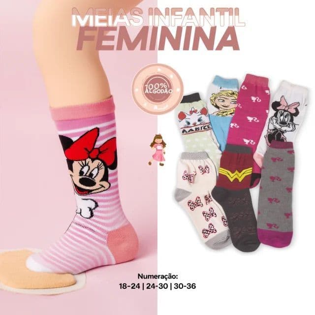 Meias Infantil Menina Divertidas Personagens 100% Algodão Premium