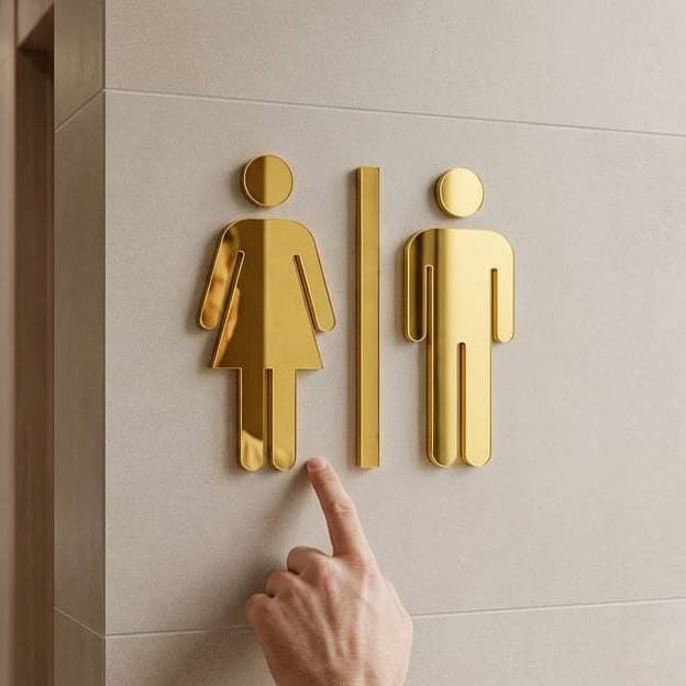 Placa de Sinalização Banheiro de Parede Feminino Masculino  em Acrílico Espelhado