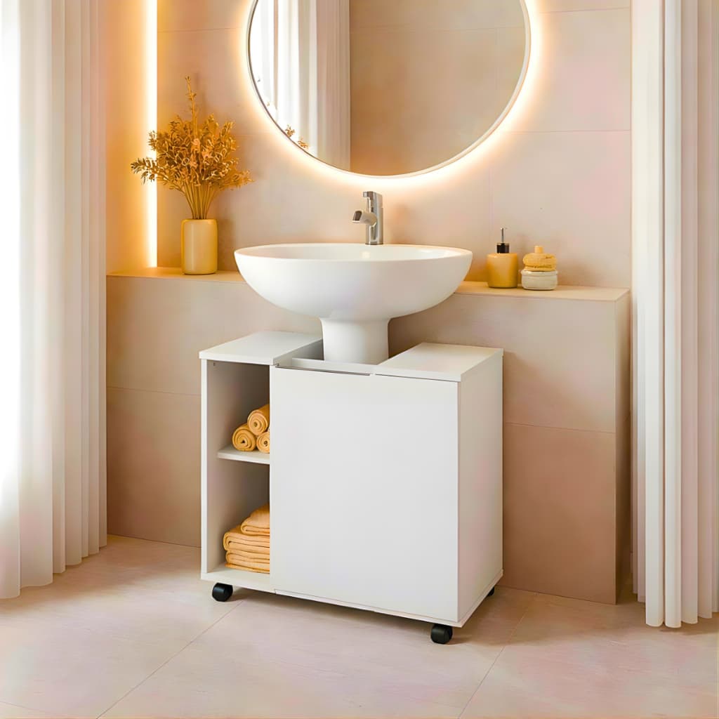 *DESCONTO* Armário Gabinete Banheiro Pia de Coluna Moderno Nicho Rodinhas 1 Porta Lavabo Interno