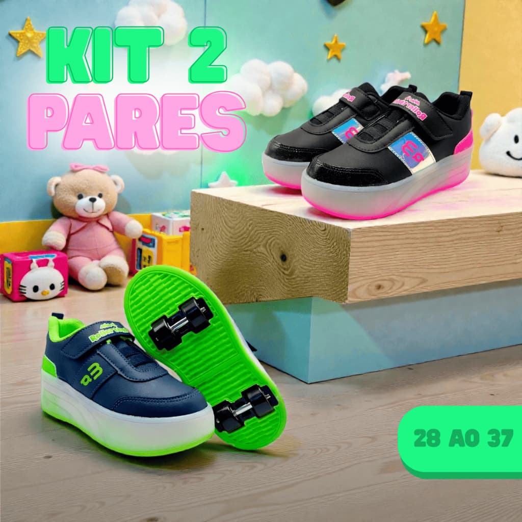 KIT 2 PARES Tênis Infantil Rodinhas Removíveis Luzinhas Confortável Para Uso Diário 28 ao 37
