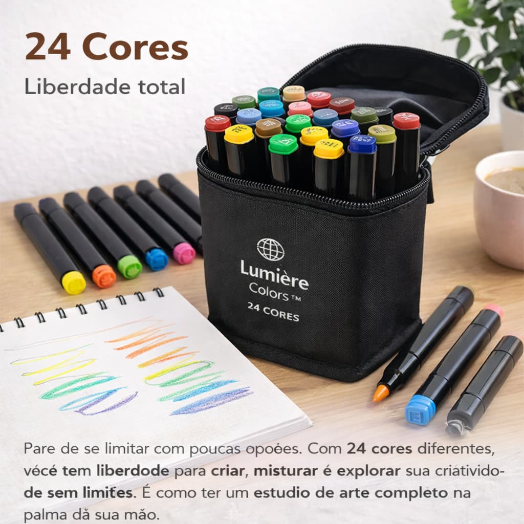 Canetas Hidrográficas Lumière Colors™24 Cores Alta Pigmentação Estojo Organizador Desenho Profissional Escolar Artístico
