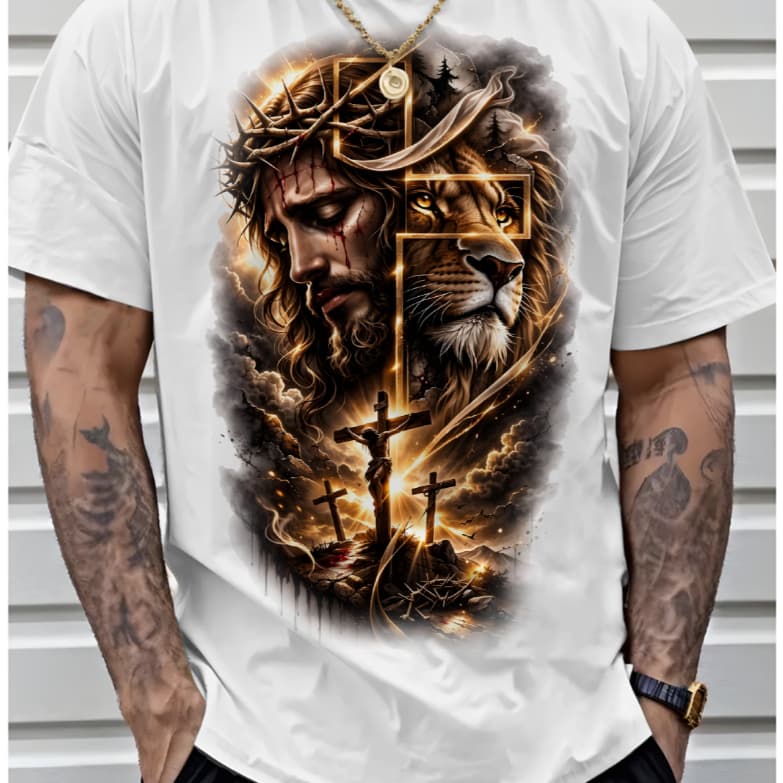 Camiseta Masculina Estampa Jesus Cristo Leão Cruz Fé Premium